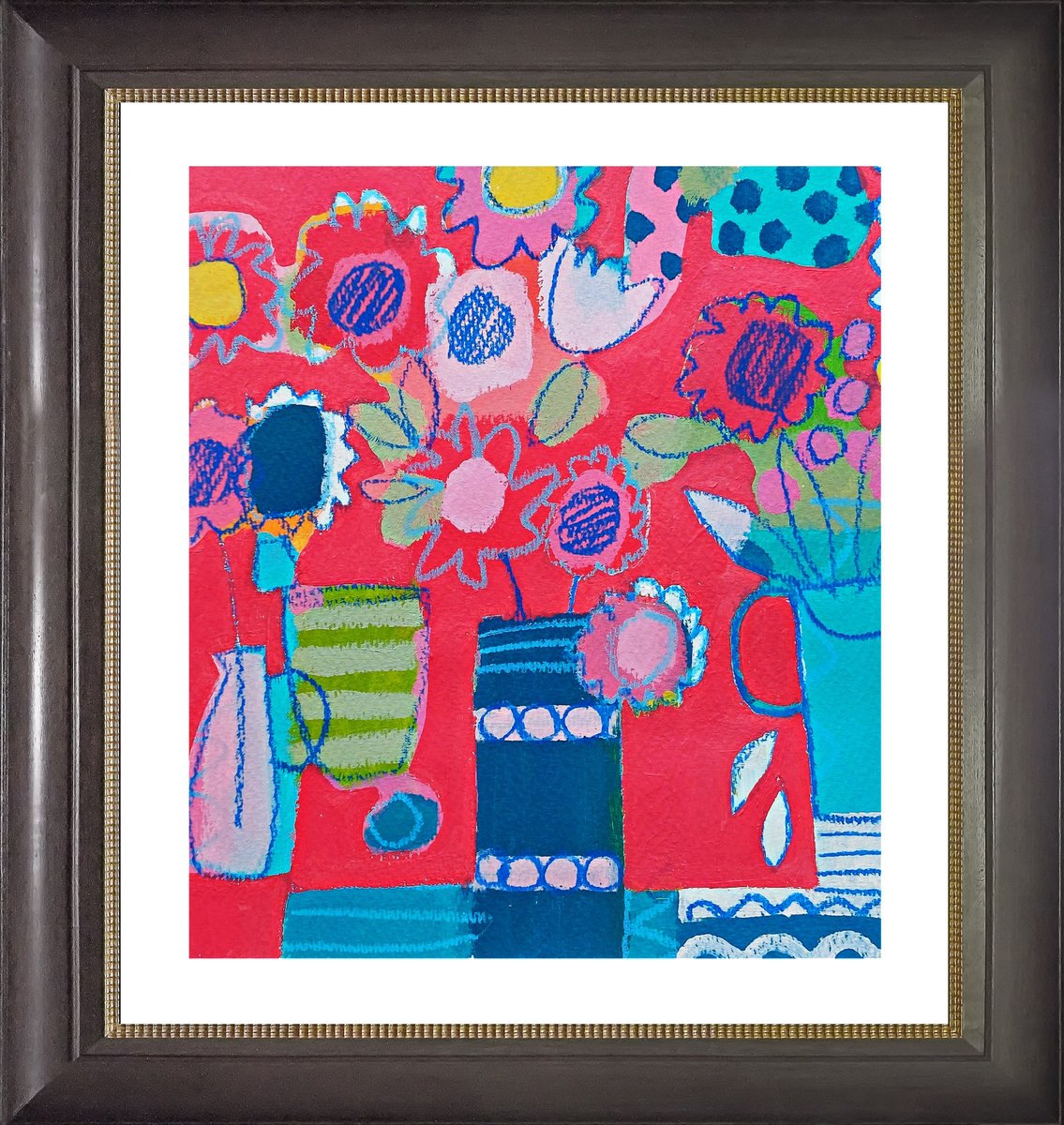 Abstract Botanical Acrylic Painting By Jan Rippingham, 12 X 13, Summer Flowers On Red Iii, Original Artwork