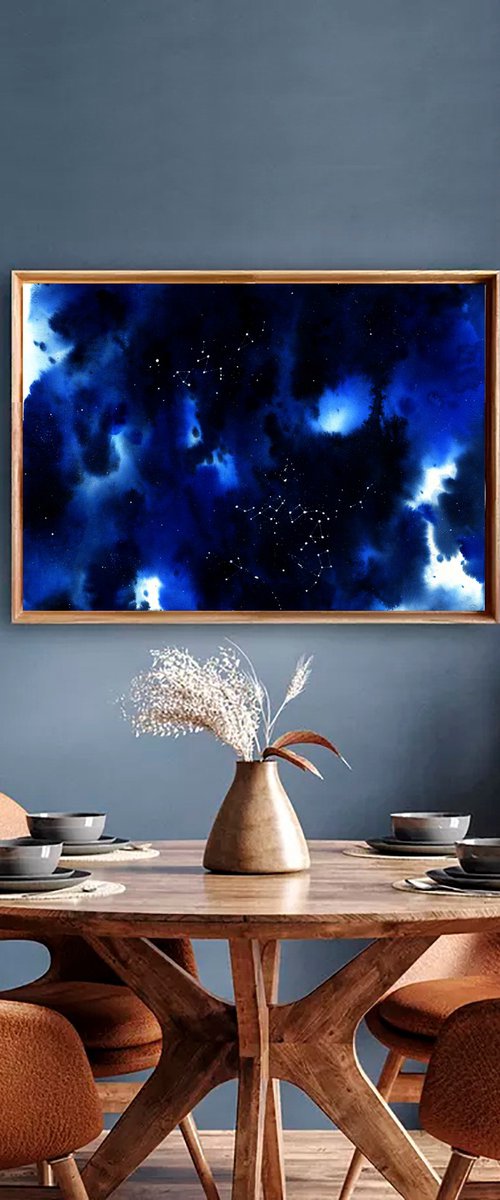 "Depth of Space" abstract dark blue watercolour with white dots constellations by Ksenia Selianko