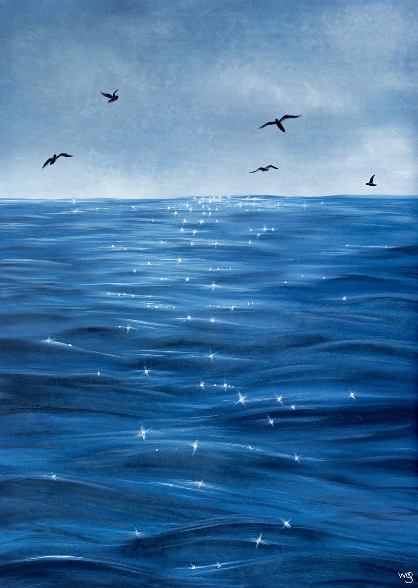 Photorealistic Landscape Oil Painting By Sarah Vms Art, 20 X 28", Sparkly Ocean, Original Artwork