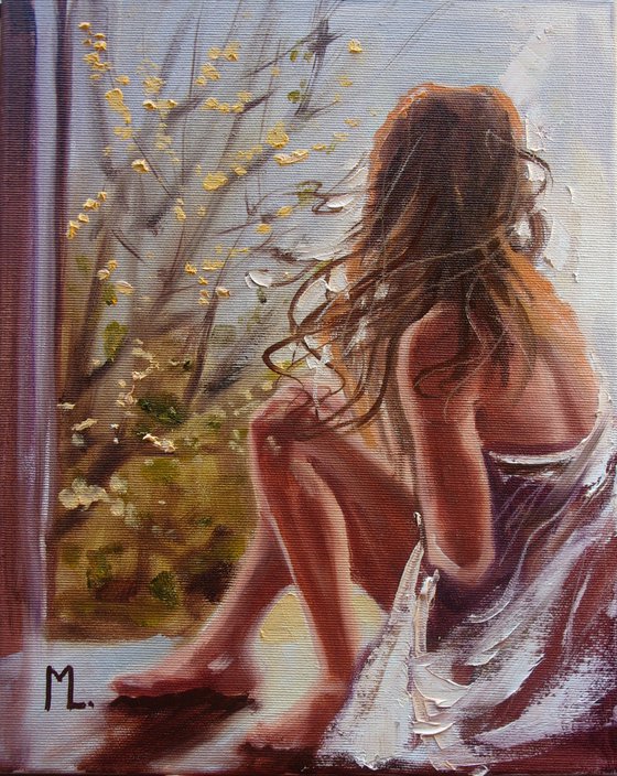 " SPRING AT HOME :( ... " WINDOW original painting ROOM  palette knife GIFT
