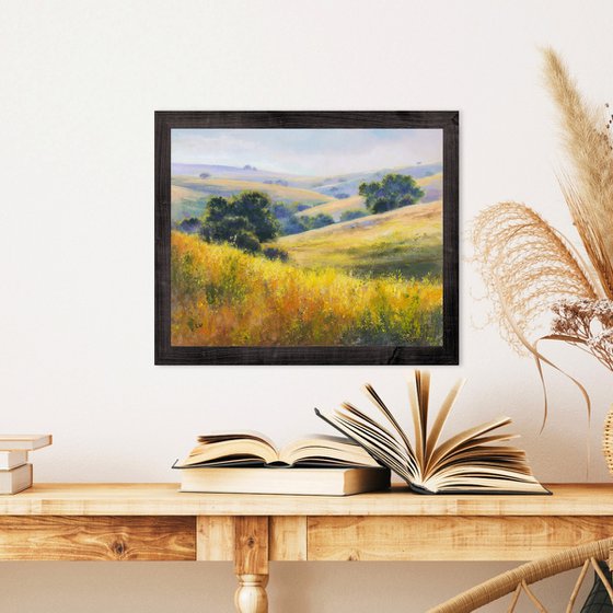 sunny hills with yellow flowers