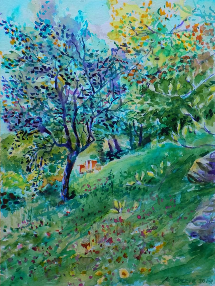 Impressionistic Watercolour , Bee Hive In Orchard By Maja Grecic, 12 X 16, Artwork For Sale On Artfinder