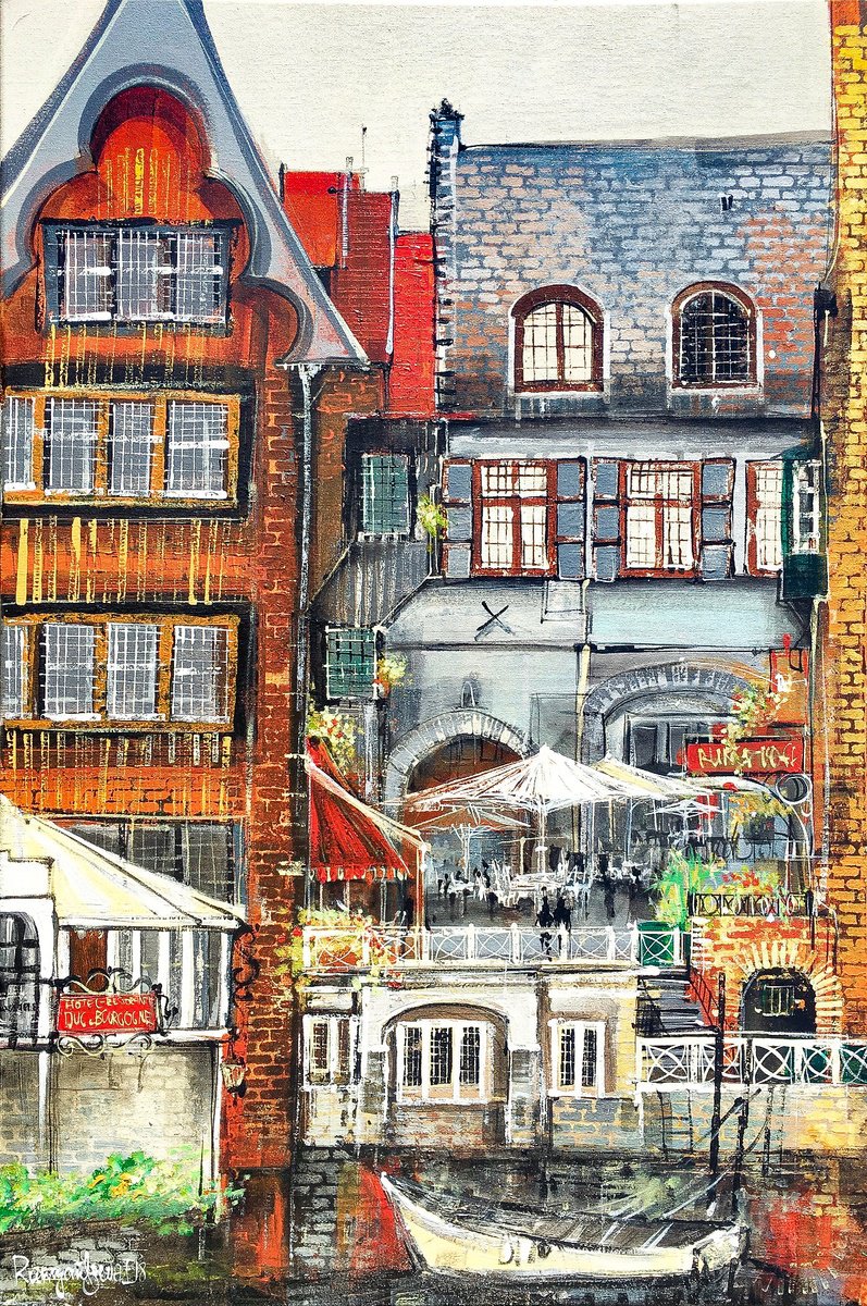 Expressive Cityscapes Acrylic Painting By Irina Rumyantseva, 24 X 36, Ostend, Bruges, Original Artwork