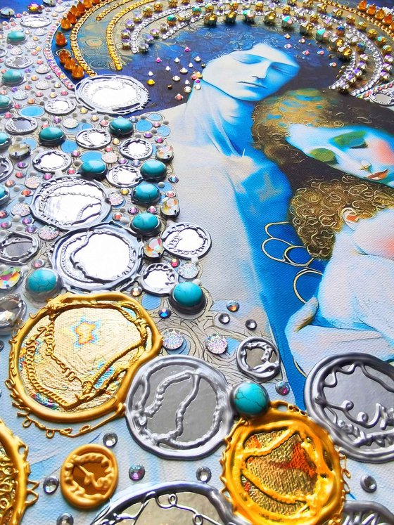 Guardian angel - Love original painting. Blue silver golden decorative artwork with Turquoise, amber, gold leaf