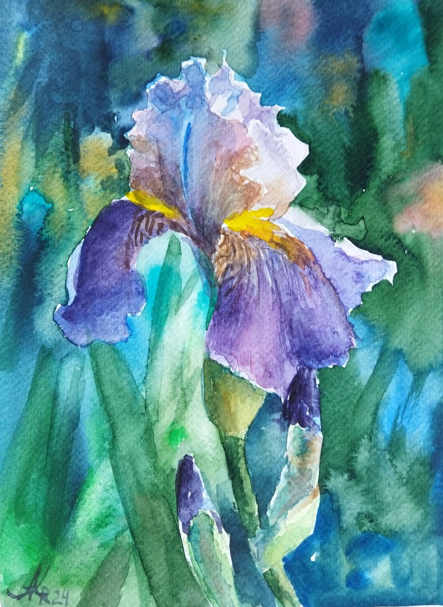 Impressionistic Botanical Watercolour By Ann Krasikova, 7 X 9, Iris In Garden, Original Artwork
