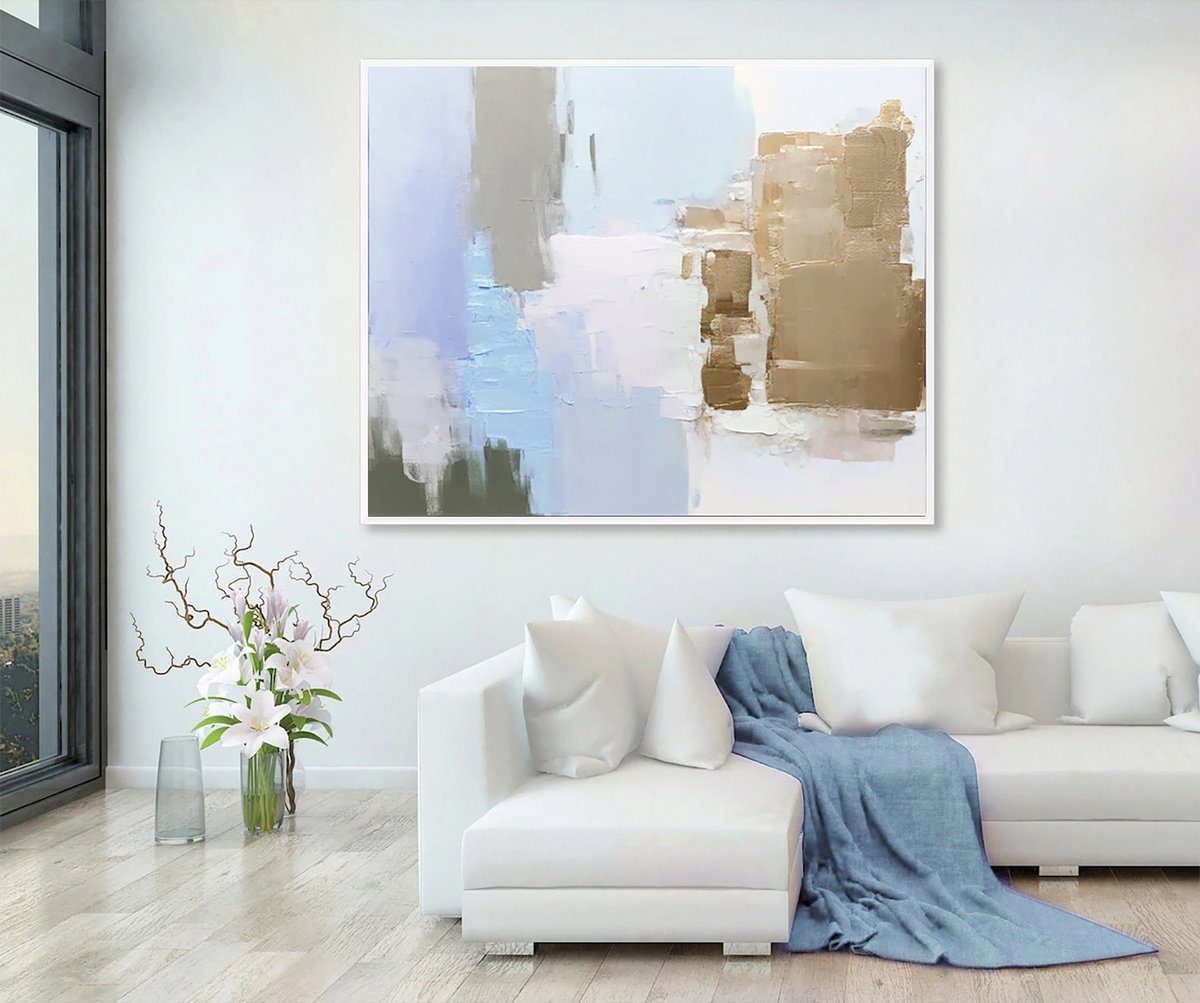 Abstract Acrylic Painting By Indie Ru, 57 X 81, Blue And Gold Abstract, Original Artwork