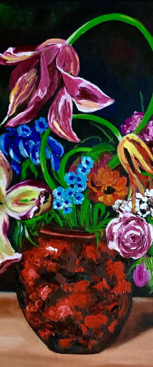 Bouquet of flowers in a vase modern tulips and roses duth style red pink still life  blue oil painting by Olga Koval