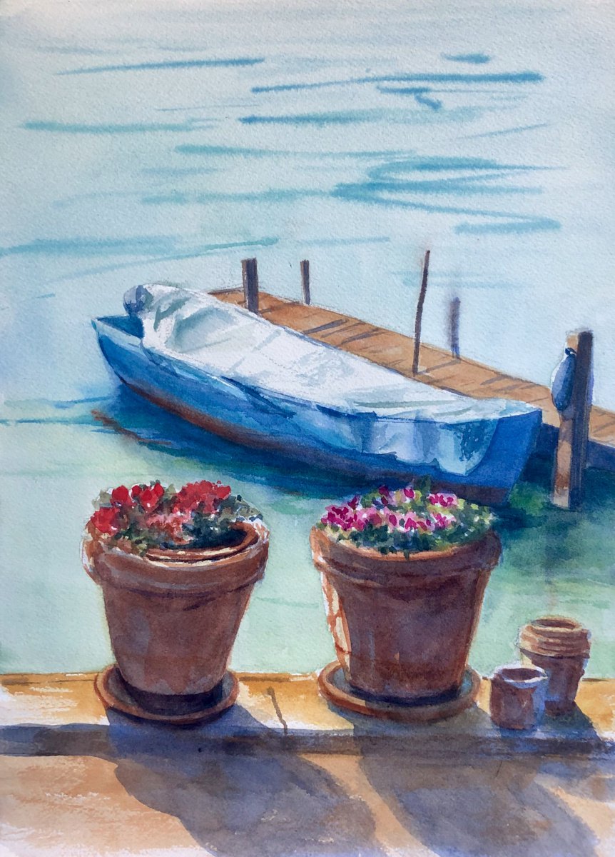 Boat and flowers by Krystyna Szczepanowski