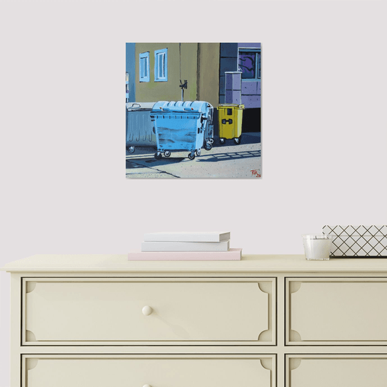 Trash cans in the yard