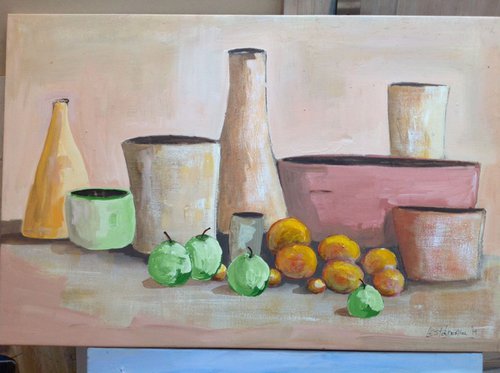 7 pots and fruit by Les  Powderhill