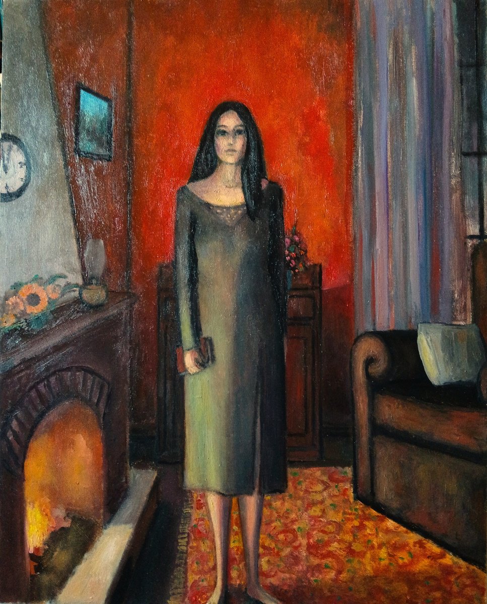 Portrait Oil Painting By Massimiliano Ligabue, 16 X 20", In The Fireplace Room, Original Artwork