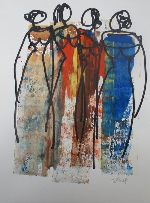 elegant girls original drawing with coffee, gouache and acryl by Sonja Zeltner-Müller