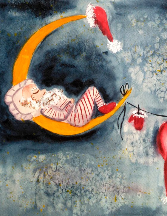 Santa Claus Painting Christmas Original Art Sleeping Santa Small Watercolor Moon Artwork Home Wall Art 14 by 10" by Halyna Kirichenko