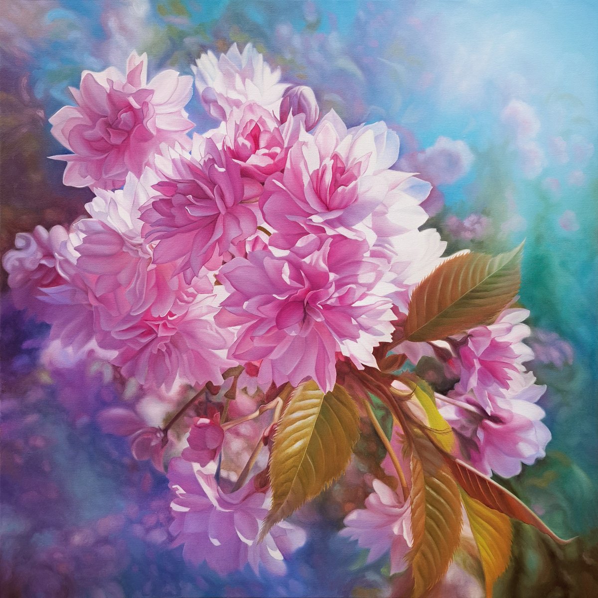 Spring sacura, floral realistic painting, pink flowers blossom by Anna Steshenko