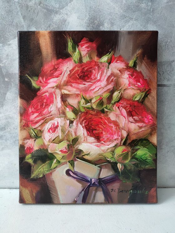 Roses painting, Flowers original canvas art, Custom red roses bouquet, Painting for her, Roses oil painting, Christmas gift for wife