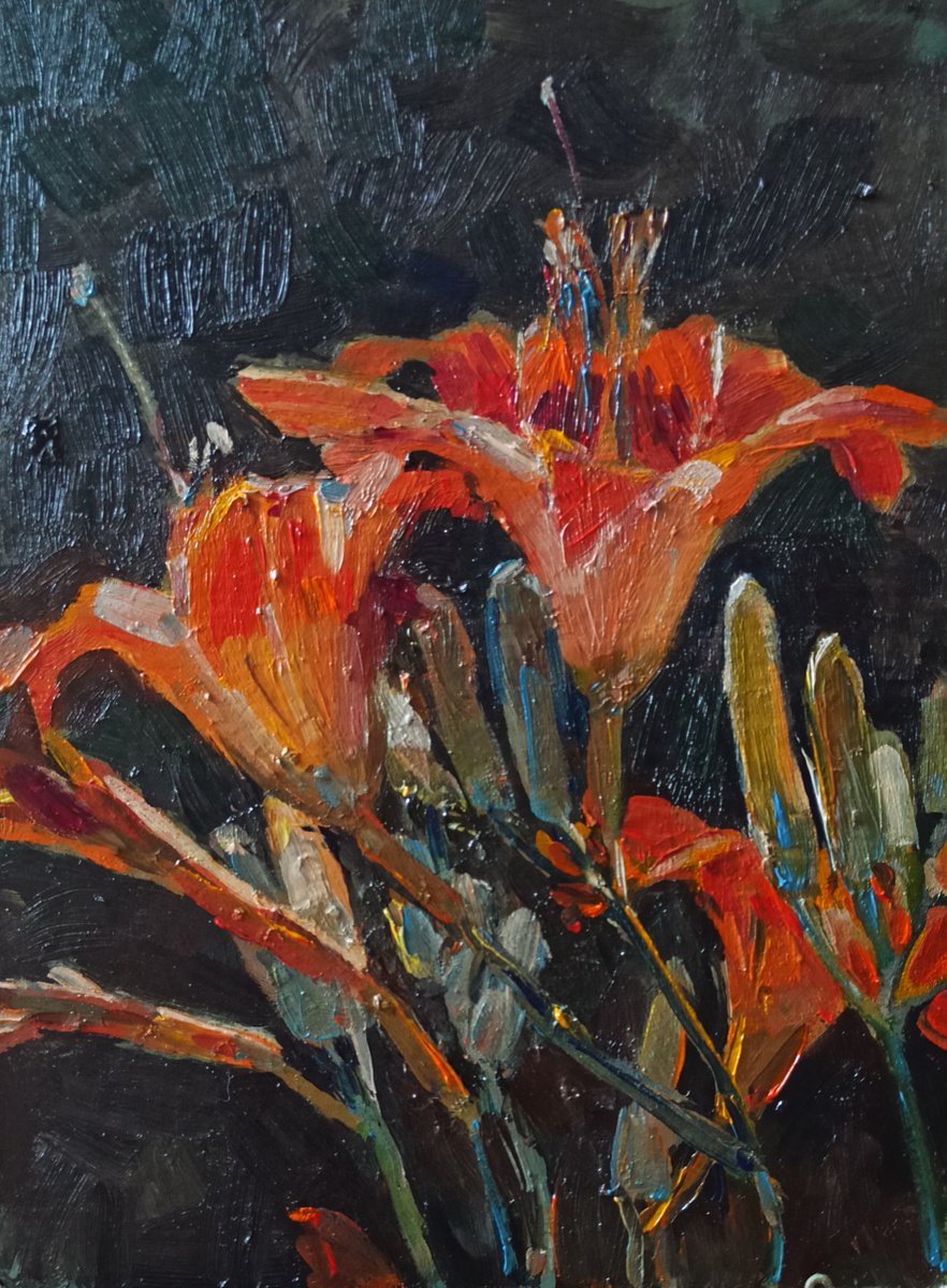Impressionistic Botanical Oil Painting By Olha Retunska, 7 X 9", Orange Lilies, Original Artwork