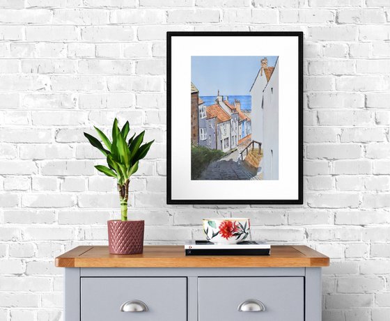 Watercolour painting of Church Street, Staithes, Yorkshire, England