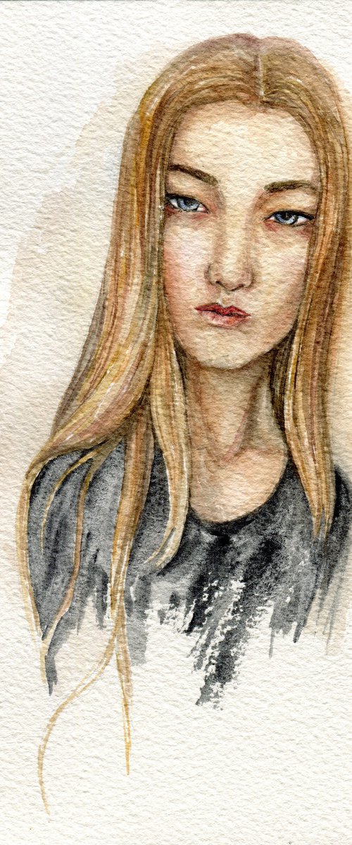 Watercolor portrait of beautiful girl by Liliya Rodnikova