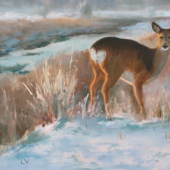 Snowy landscape with deer
