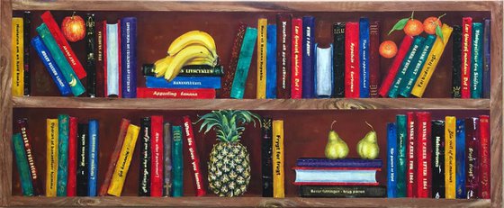 Bookshelf with fruits: Brain vitamins (Danish titles)