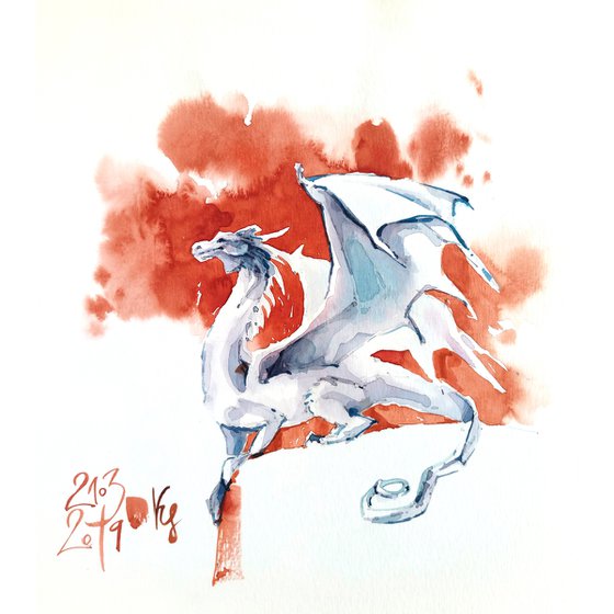 Watercolor sketch "Fabulous gray dragon on a red background" original illustration