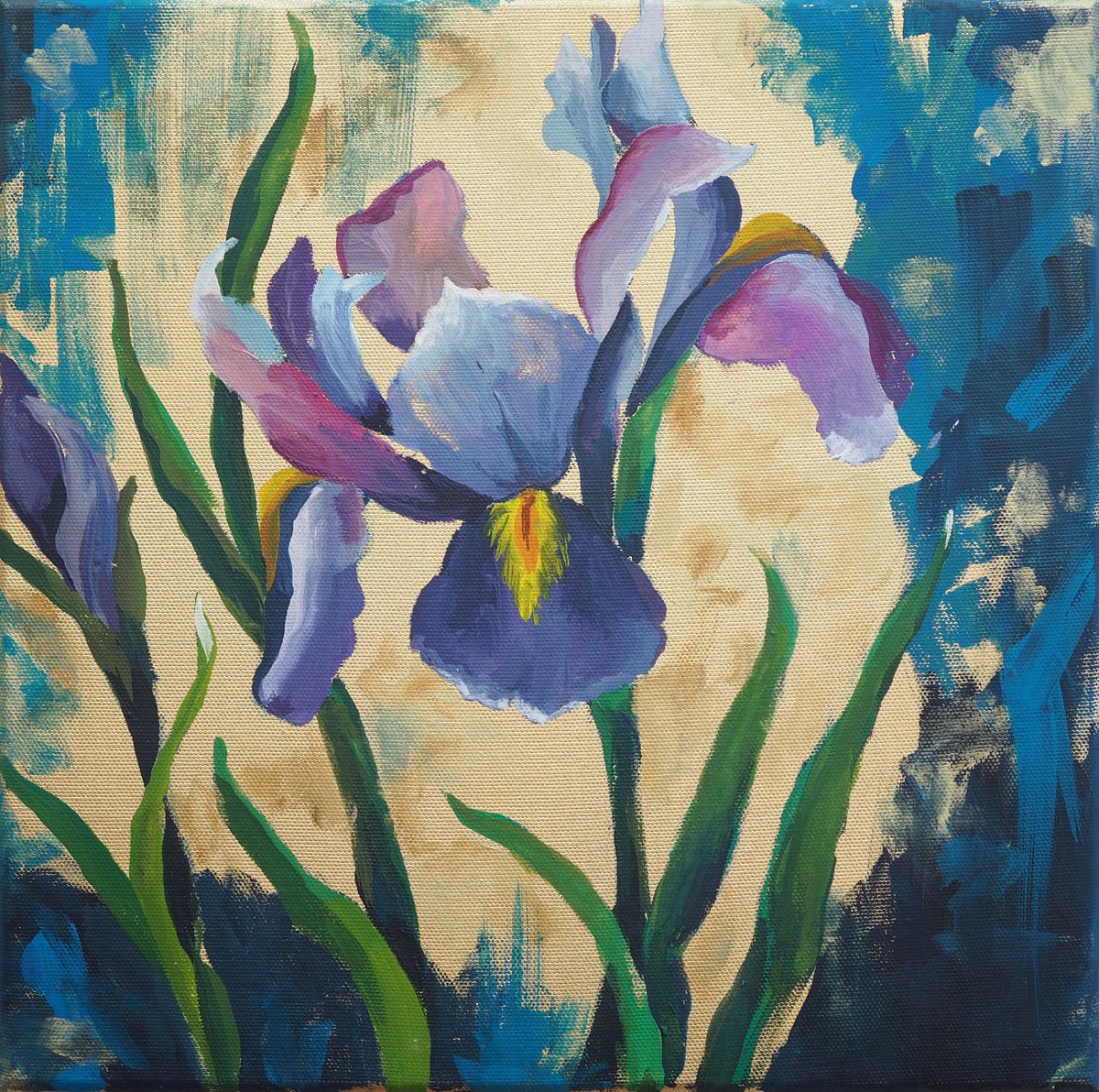Impressionistic Botanical Painting By Delnara El, 12 X 12, Iris On Gold, Original Artwork