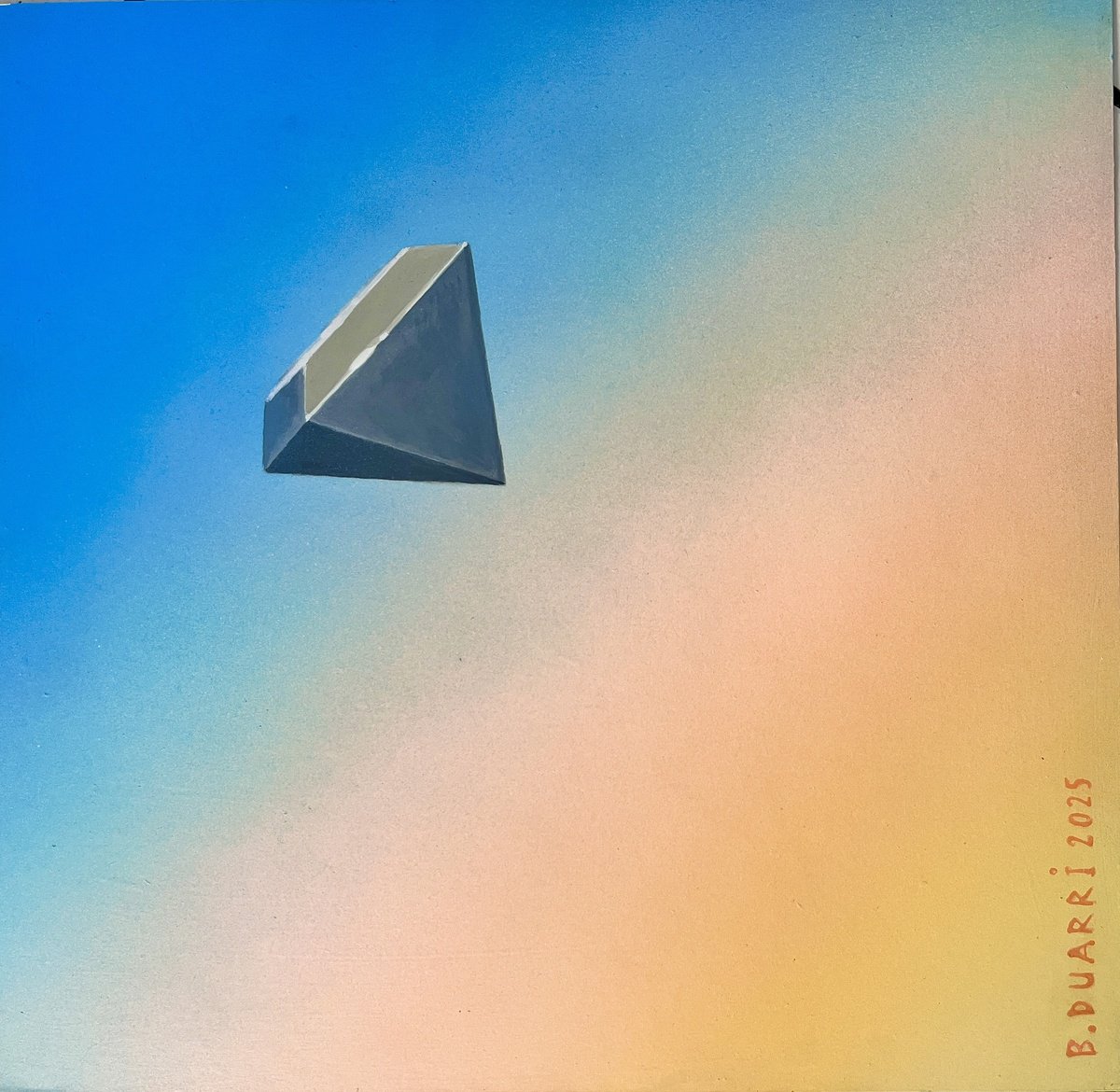 Surrealistic Landscape Acrylic Painting By Benjamin Duarri, 19 X 19, Flying Inverted Pyramid, Original Artwork