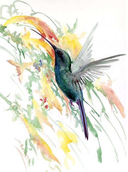 Green Hummingbird and Flowers by Suren Nersisyan