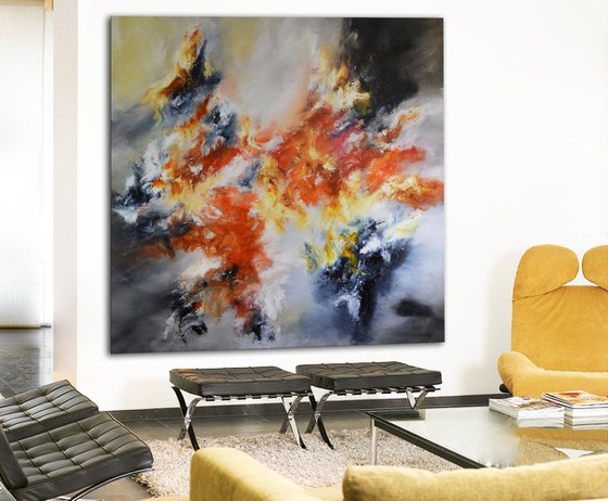 Abstract painting - Lava swell - large gray, red and orange art