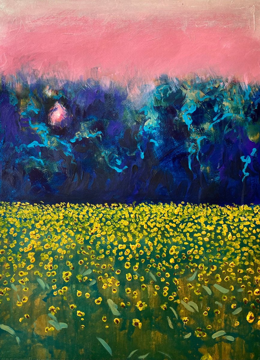 Impressionistic Landscape Acrylic Painting By John Cottee, 22 X 30, Sunflower Sunset, Original Artwork