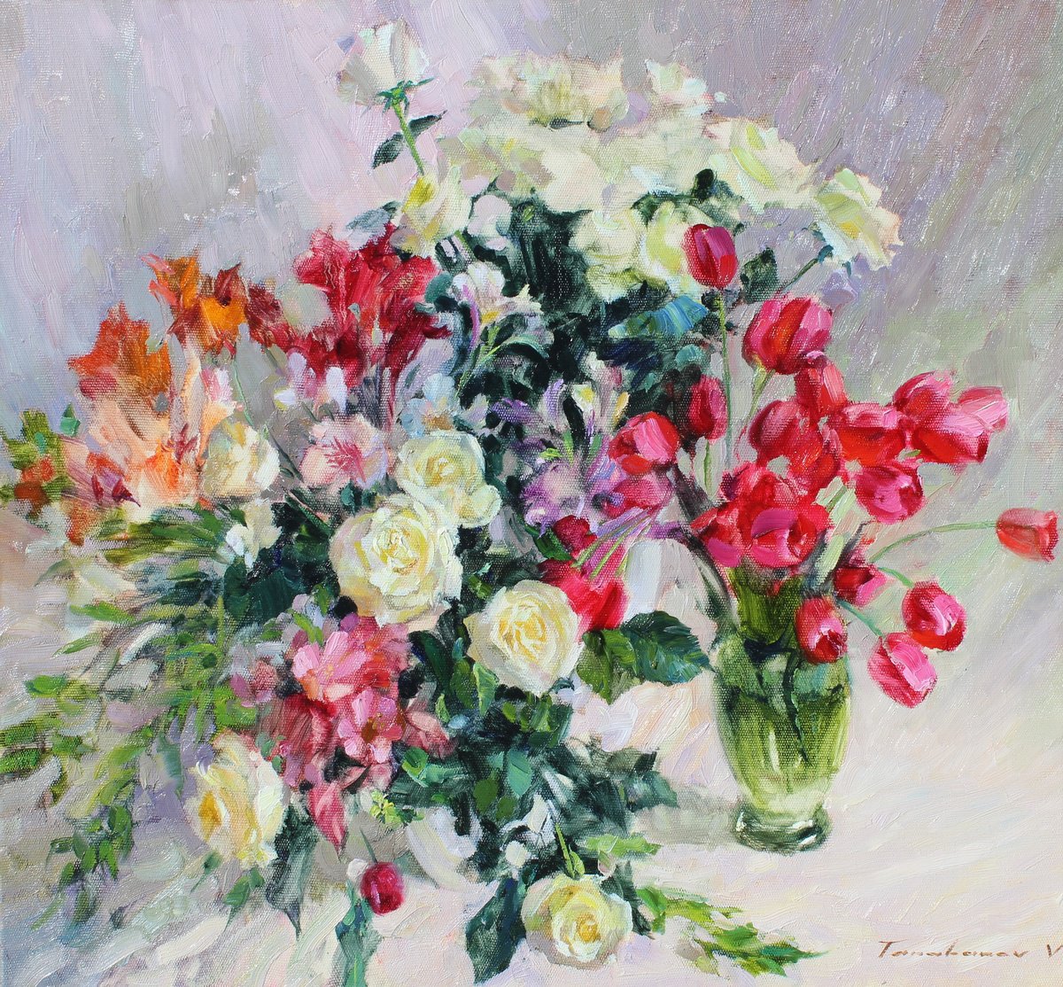 Impressionistic Botanical Oil Painting By Volodymyr Tarabanov, 31 X 30", Flowers For Beloved, Original Artwork