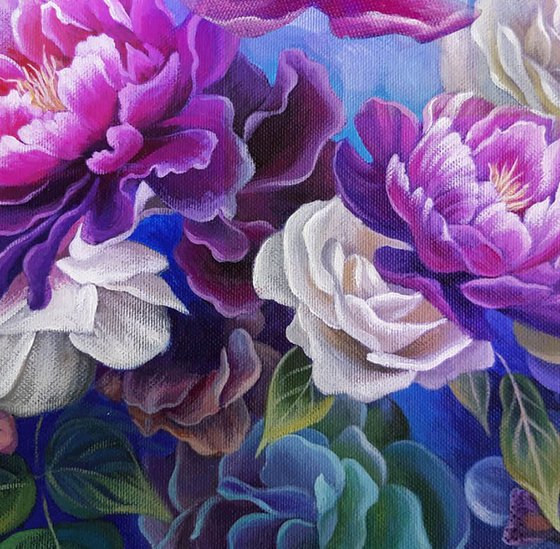 "Summer breath", peonies flowers art, floral painting, floral arrangement