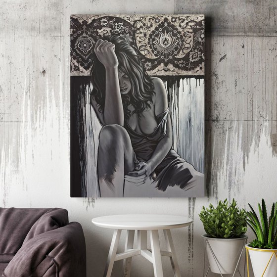 No boundaries.original mixed media artwork ( 122) X ( 92) c.m.figurative monochrome painting with modern and unique composition ready to hang