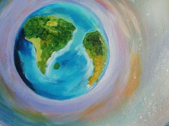 Original Planet Earth Painting, Acrylics, Round/circle Canvas 