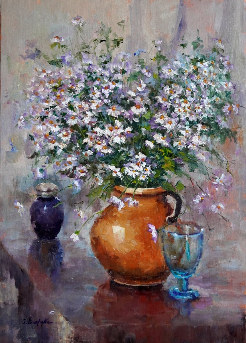 Daisies in a Slay Vase by Olga Egorov