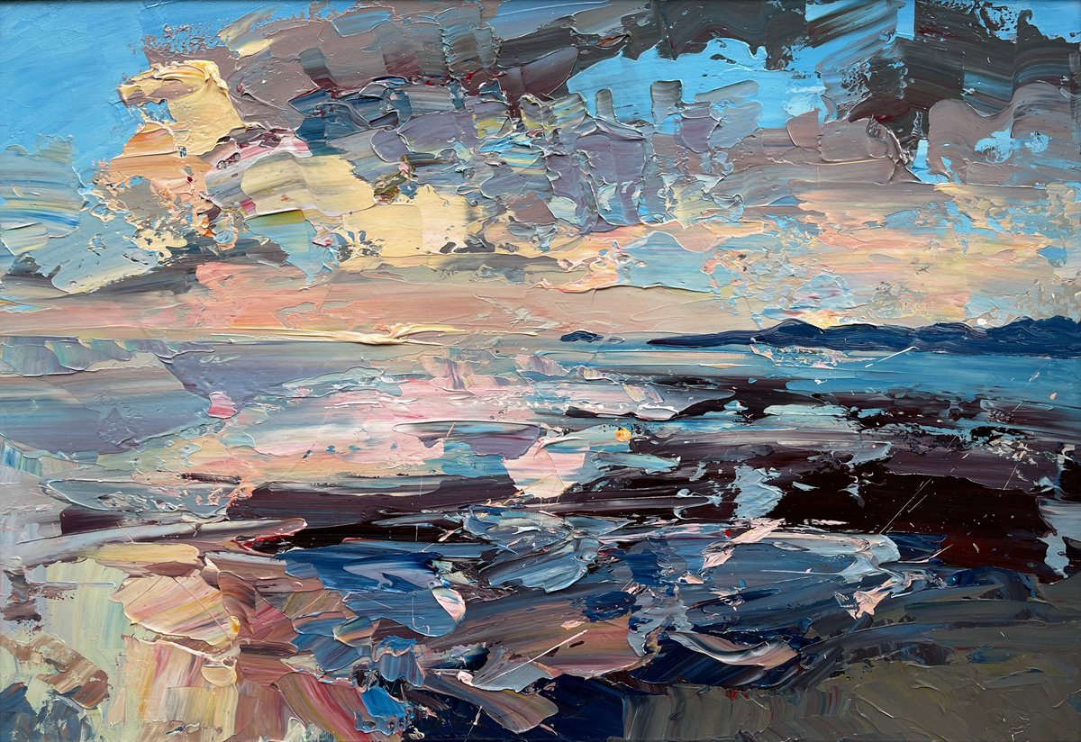 Expressive Landscape Oil Painting By Agostino Veroni, 27 X 20, Beach At Sunset, Original Artwork