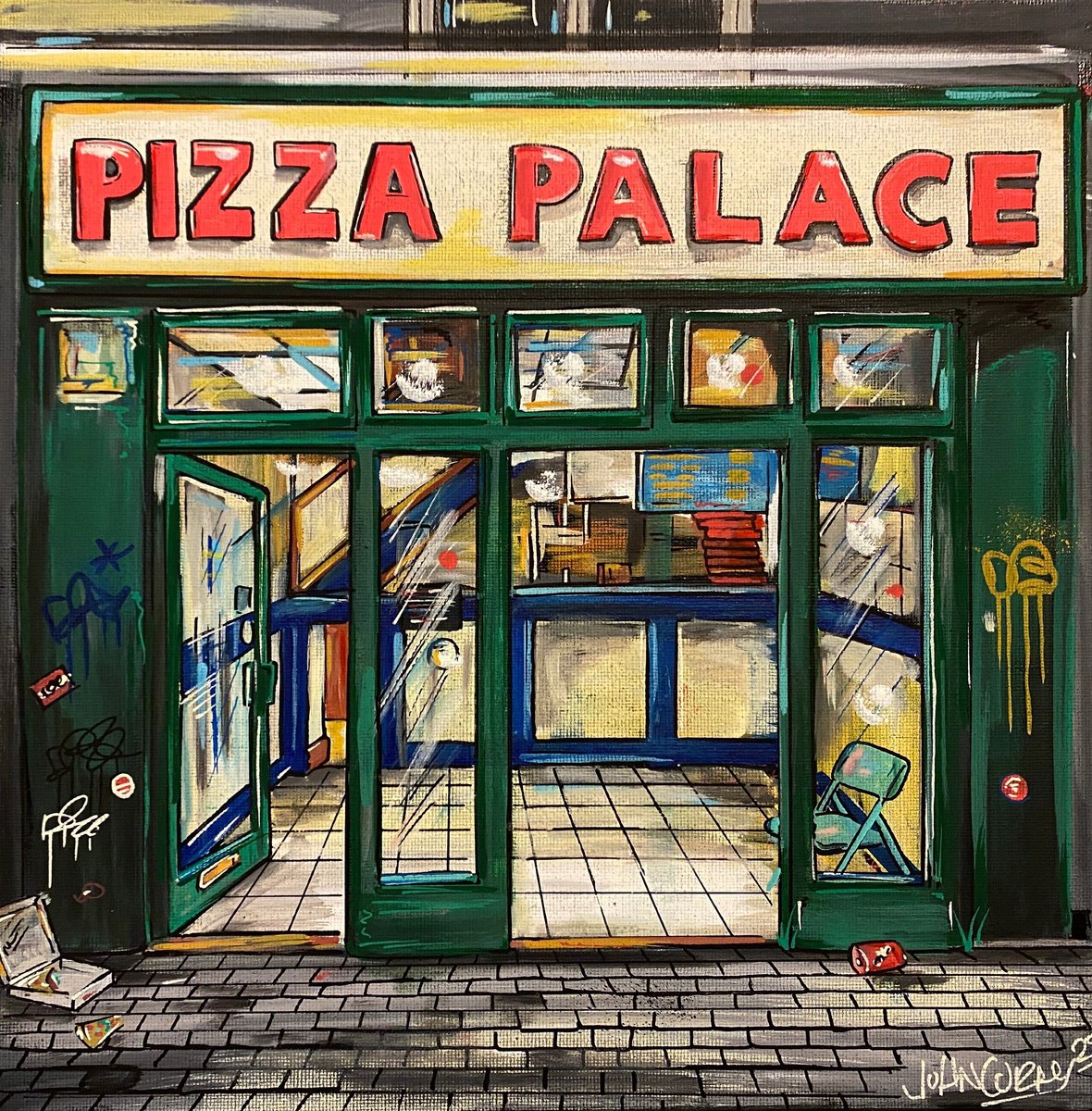 Illustrative Cityscapes Painting By John Curtis, 12 X 12, Pizza Palace - Original On Canvas Board, Original Artwork