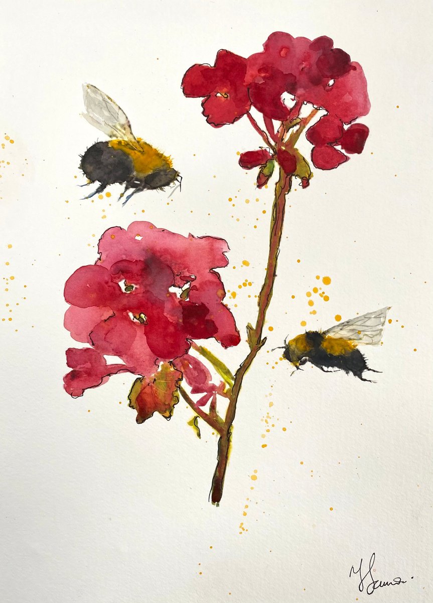 Red Geranium & Bees by Teresa Tanner