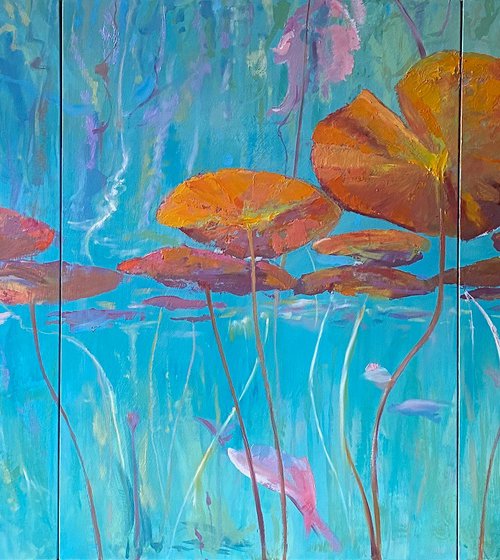 ‘Lilies Surfacing’ Triptych Oil Painting by Simon Jones