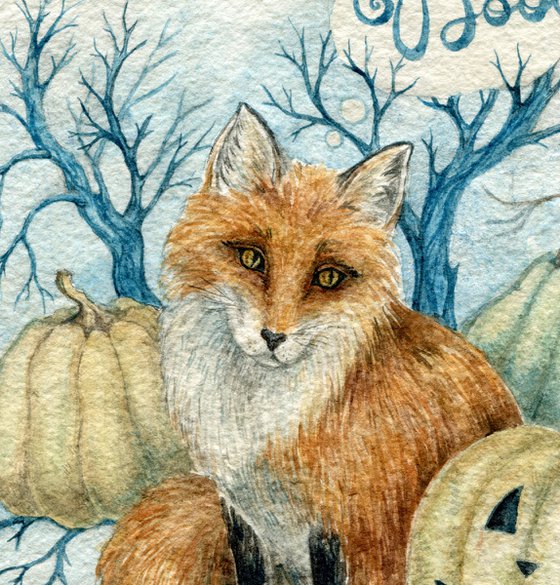 Halloween watercolor illustration with fox and pumpkins
