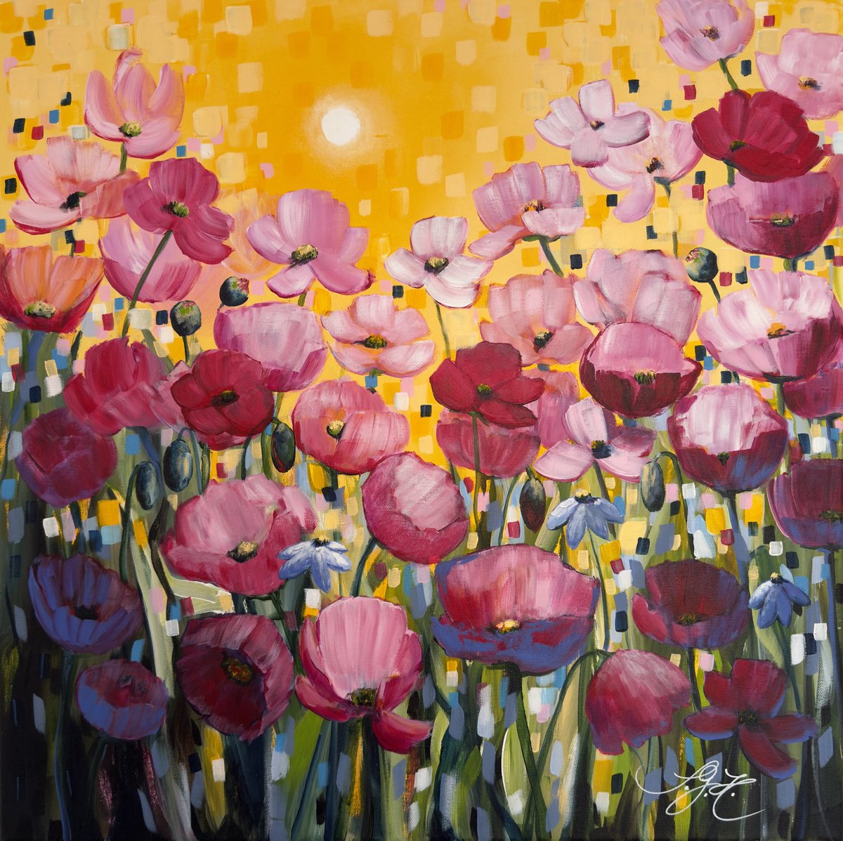 Impressionistic Botanical Acrylic Painting By Sandra Gebhardt-Hoepfner, 24 X 24", My Poppies 2, Original Artwork