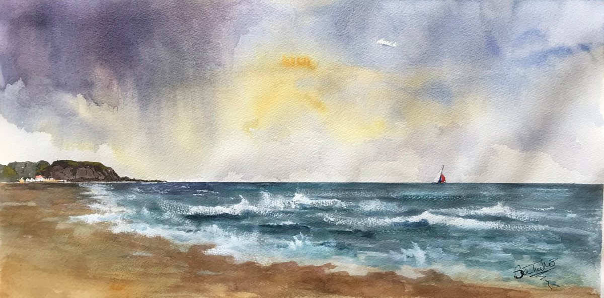 Impressionistic Landscape Watercolour By Brian Tucker, 22 X 11, Sailing Home At Whitepark Bay, Original Artwork