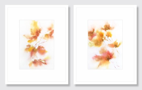 Yellow abstract flowers watercolor painting set of 2