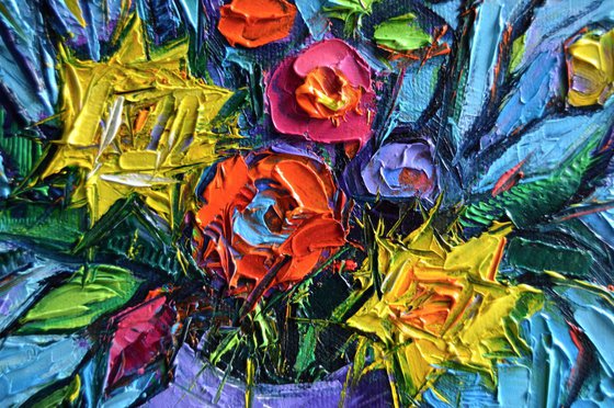 Wildflowers Bouquet On Green Table - Modern impressionist Impasto Palette Knife Oil Painting on canvas