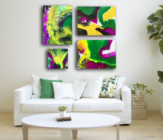 "Beautiful Invasion" - FREE USA SHIPPING - Original Quadriptych, Abstract PMS Acrylic Paintings Series - 42" x 36"