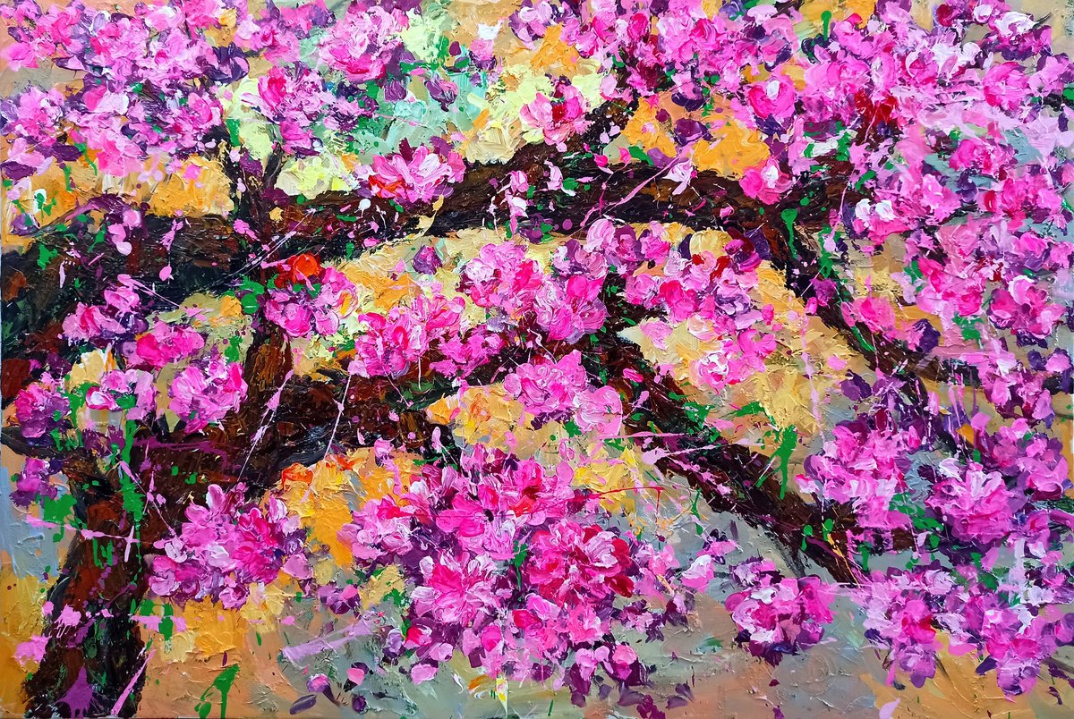 Impressionistic Botanical Acrylic Painting By Anh Tuan Le Le, 47 X 31, Cherry Blossoms, Original Artwork