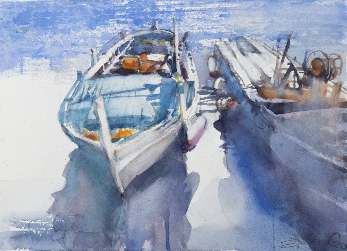 Impressionistic Landscape Watercolour By Goran Zigolic Watercolors, 15 X 11, Two Boats In The Harbor, Original Artwork