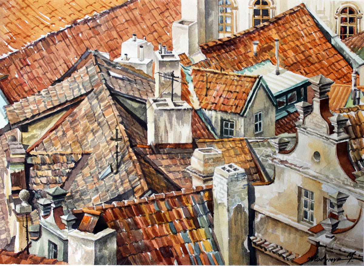 Photorealistic Cityscapes Watercolour By Volodymyr Melnychuk, 15 X 11", Rooftops Of Old Prague, Original Artwork