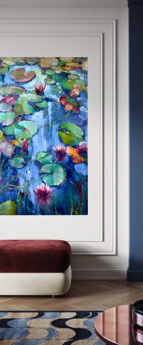 Water lilies on blue water by Olha Laptieva