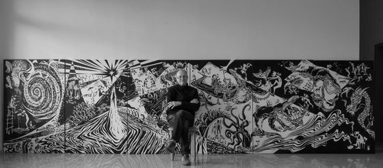 Crazy Bandmaster 2022. Canvas, ink. 150x600 cm